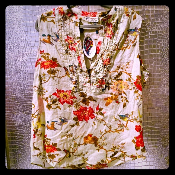 Sage Green With Floral Print Pintuck Button Blouse - Picture 1 of 8